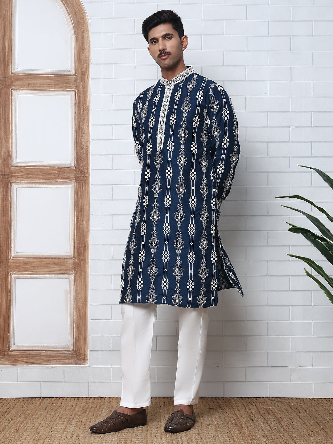 Festival Silk Blend Embroidered Kurta Pyjama ( ANMKP W 276Navy )