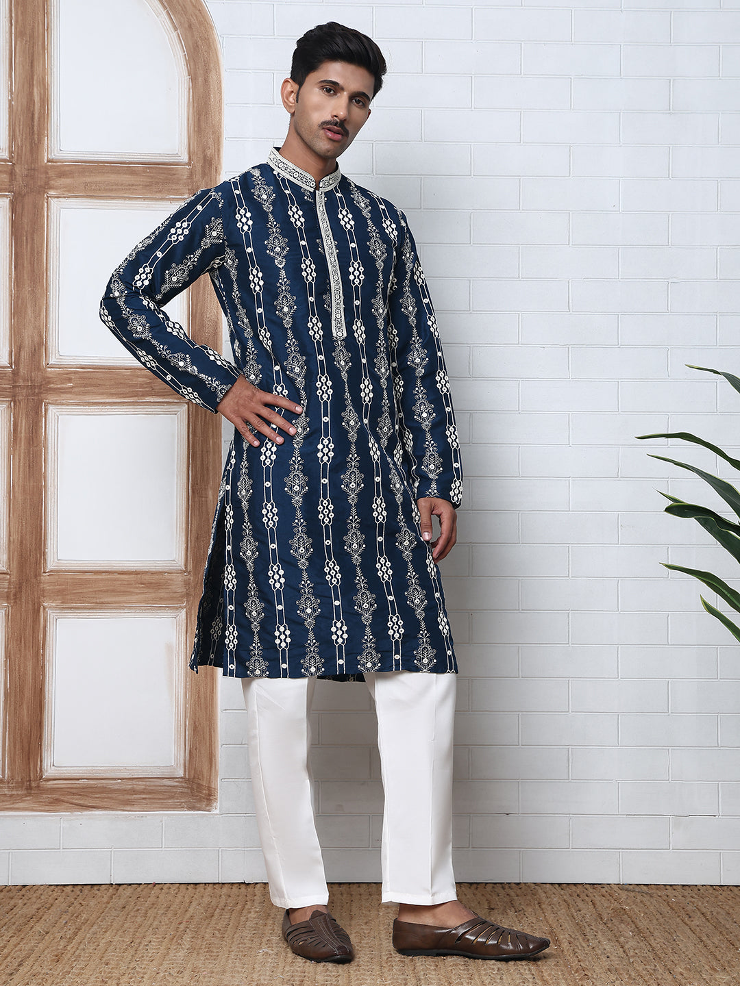Festival Silk Blend Embroidered Kurta Pyjama ( ANMKP W 276Navy )