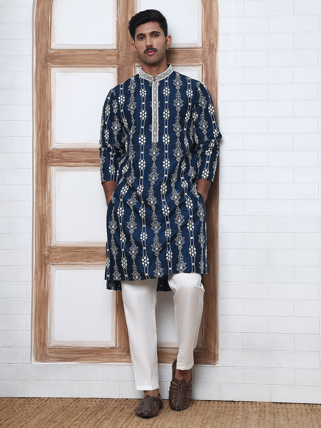 Festival Silk Blend Embroidered Kurta Pyjama ( ANMKP W 276Navy )