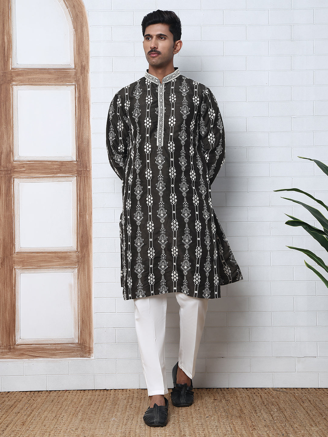 Festival Silk Blend Embroidered Kurta Pyjama ( ANMKP W 276Olive )