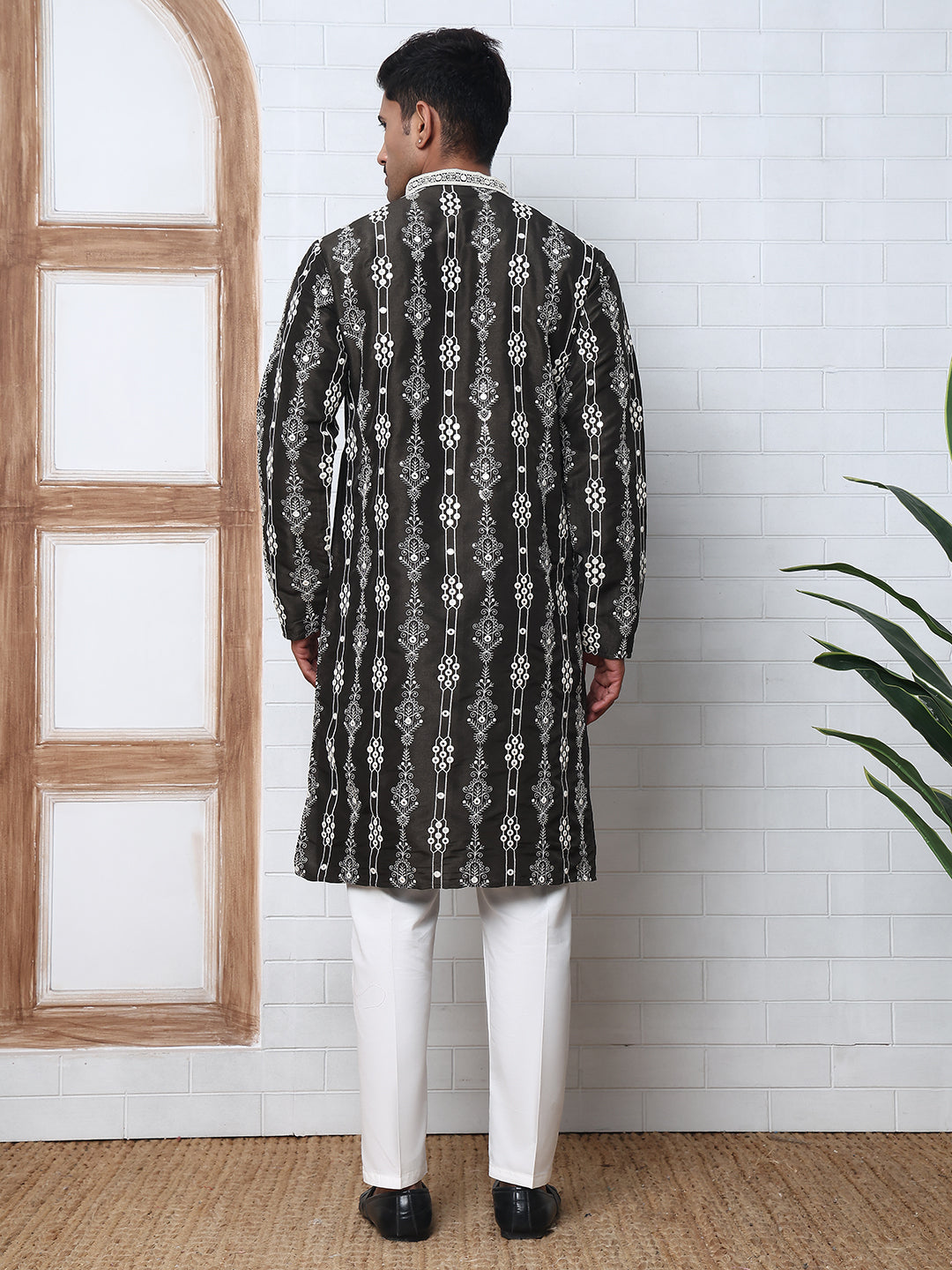 Festival Silk Blend Embroidered Kurta Pyjama ( ANMKP W 276Olive )