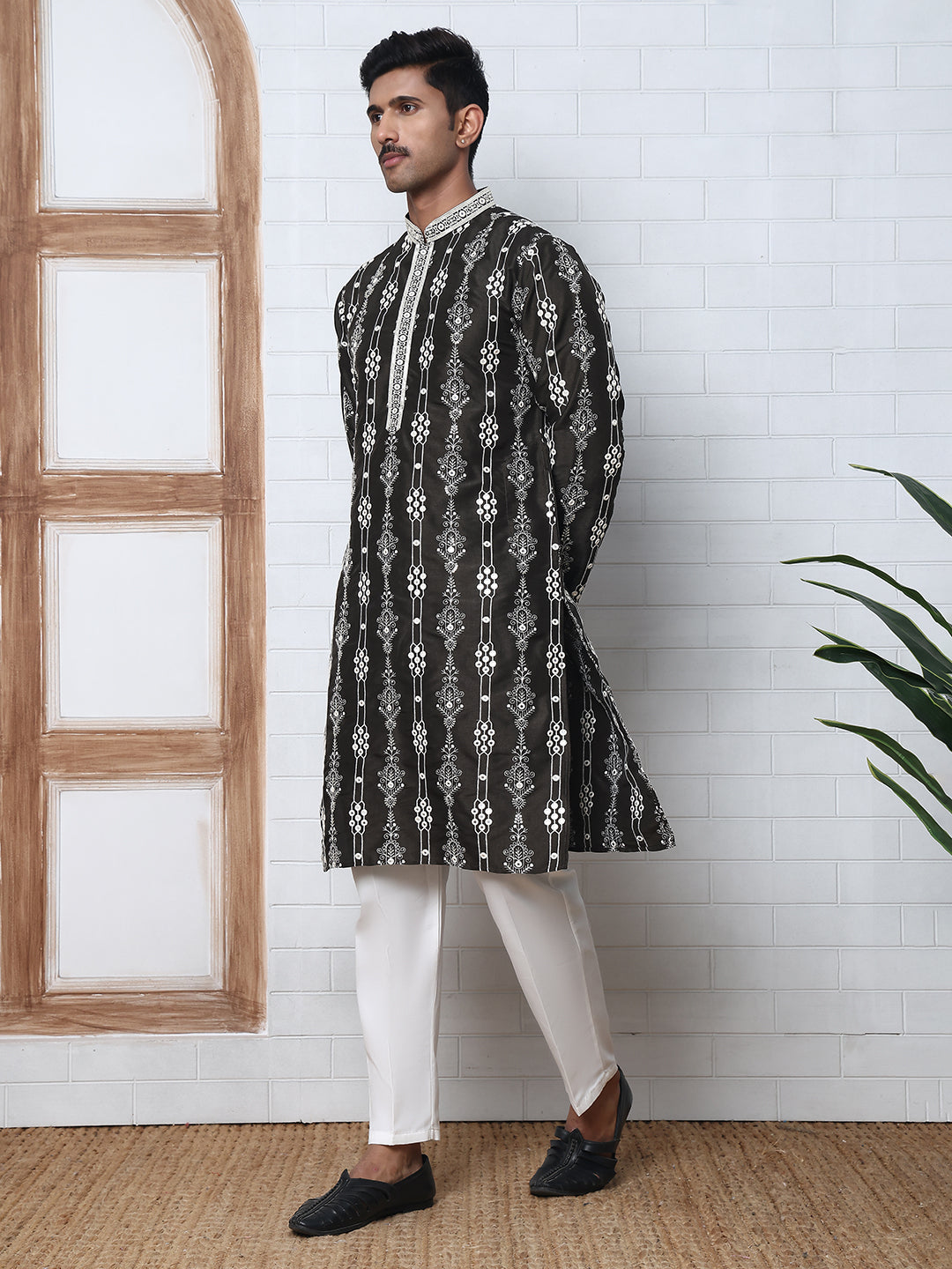 Festival Silk Blend Embroidered Kurta Pyjama ( ANMKP W 276Olive )