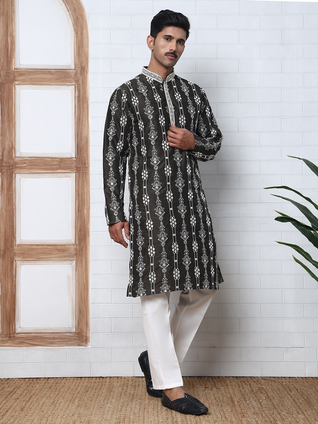 Festival Silk Blend Embroidered Kurta Pyjama ( ANMKP W 276Olive )