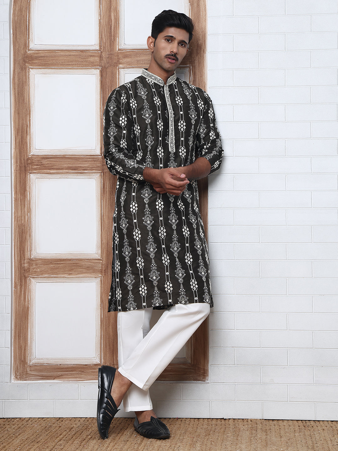 Festival Silk Blend Embroidered Kurta Pyjama ( ANMKP W 276Olive )