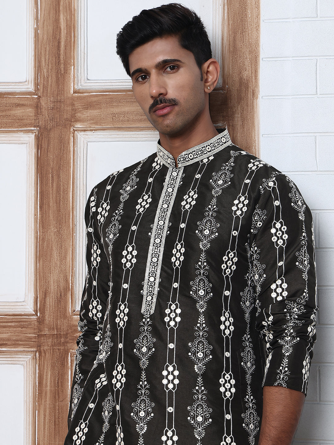 Festival Silk Blend Embroidered Kurta Pyjama ( ANMKP W 276Olive )