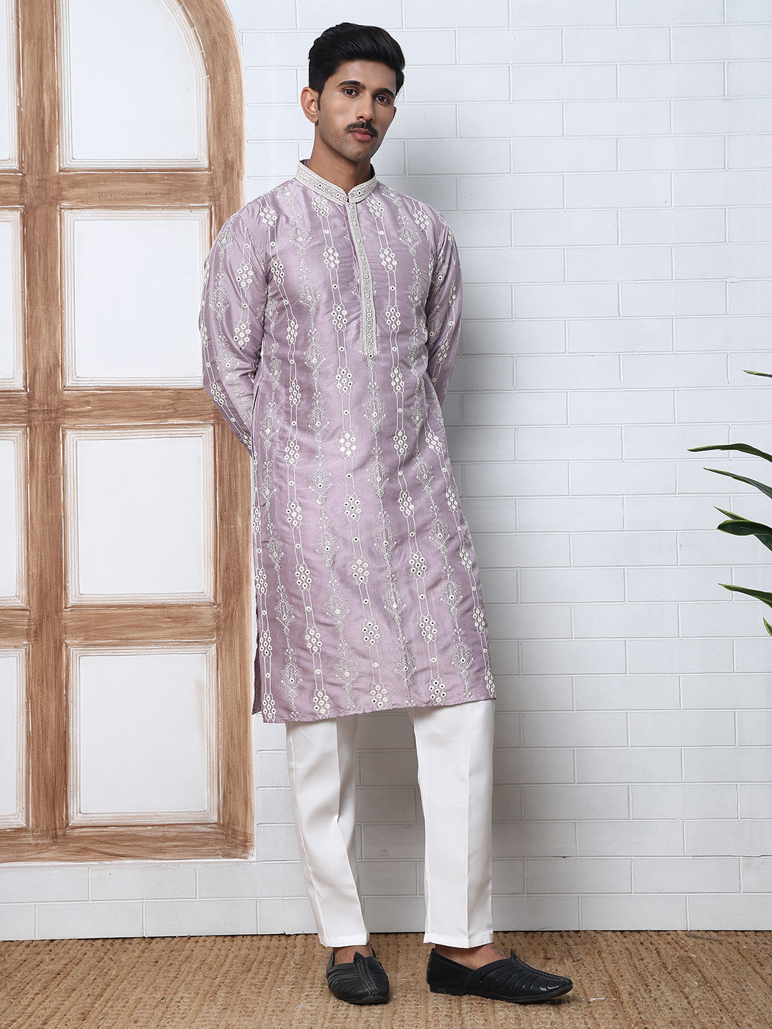 Festival Silk Blend Embroidered Kurta Pyjama ( ANMKP W 276Purple )
