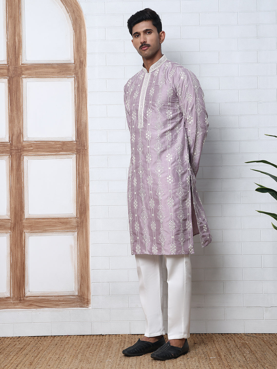 Festival Silk Blend Embroidered Kurta Pyjama ( ANMKP W 276Purple )