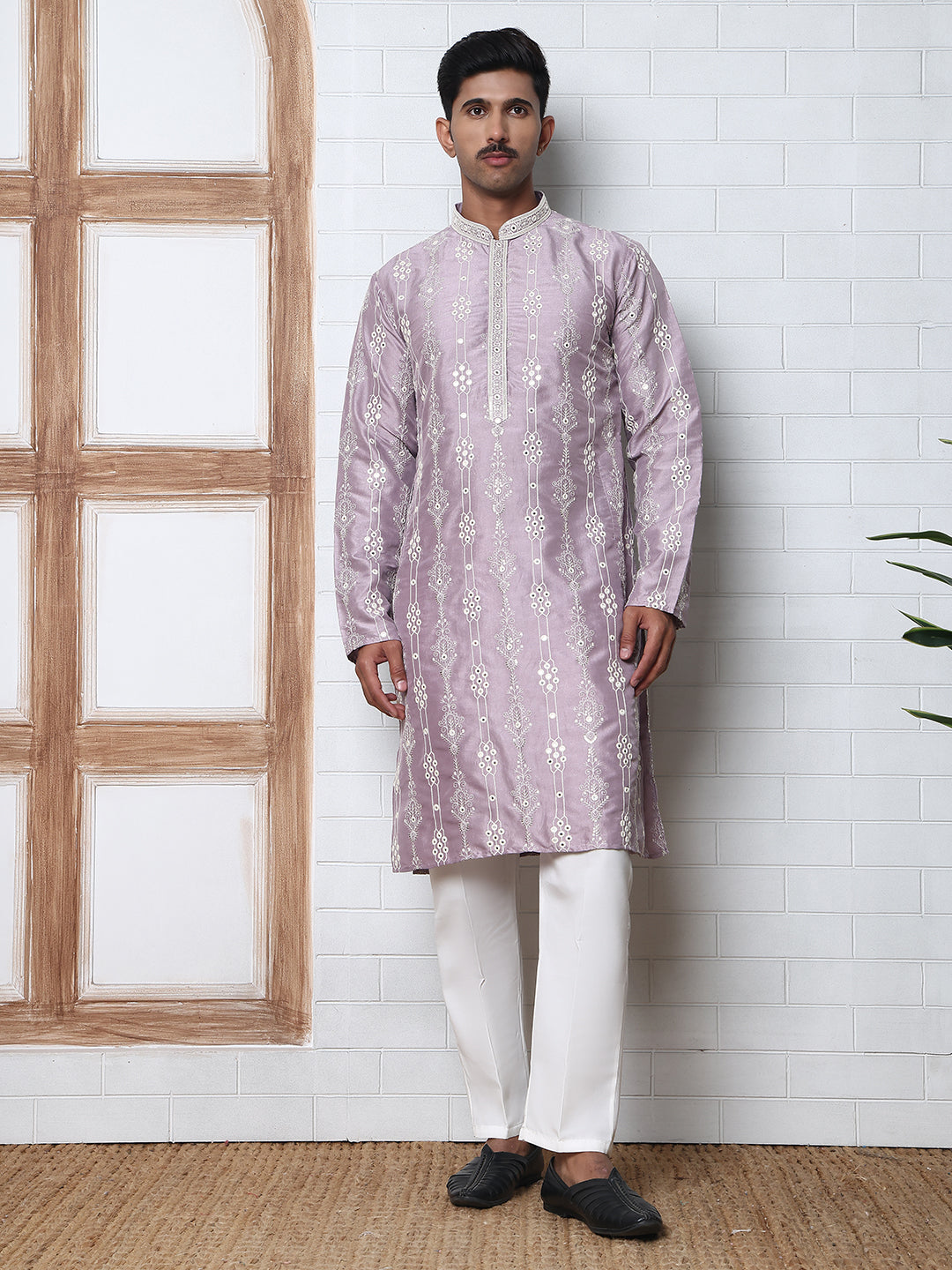 Festival Silk Blend Embroidered Kurta Pyjama ( ANMKP W 276Purple )