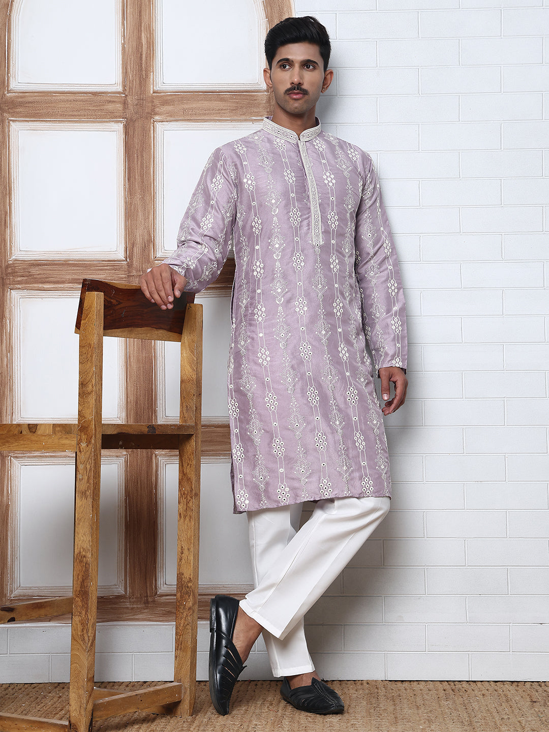 Festival Silk Blend Embroidered Kurta Pyjama ( ANMKP W 276Purple )