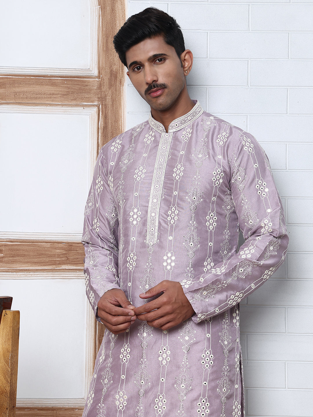 Festival Silk Blend Embroidered Kurta Pyjama ( ANMKP W 276Purple )