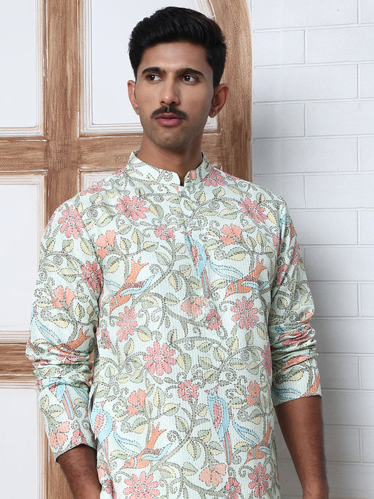 Floral Print Kurta Set with Thread Work Embroidery ( ANMKP W 284Pista )