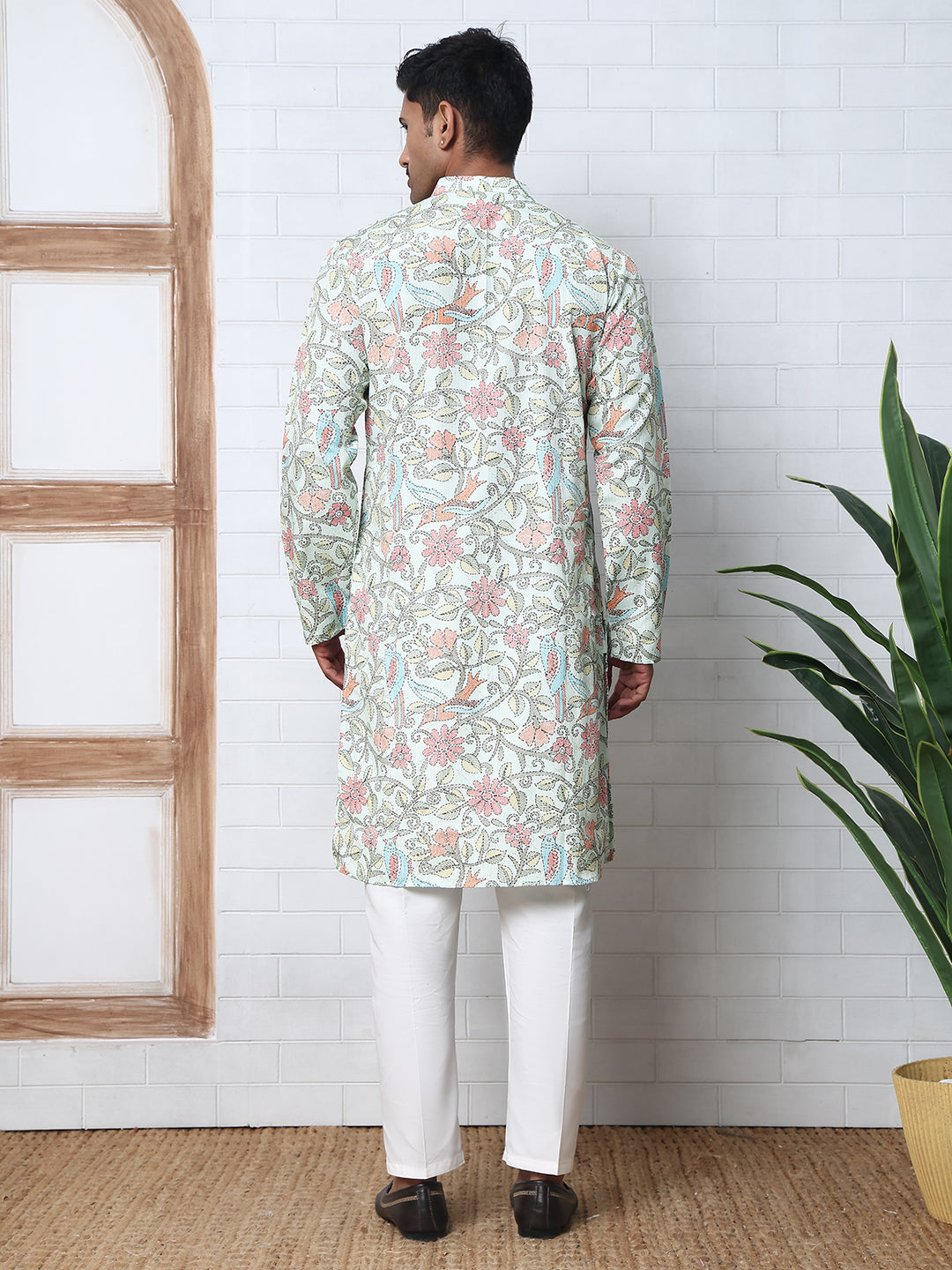 Floral Print Kurta Set with Thread Work Embroidery ( ANMKP W 284Pista )