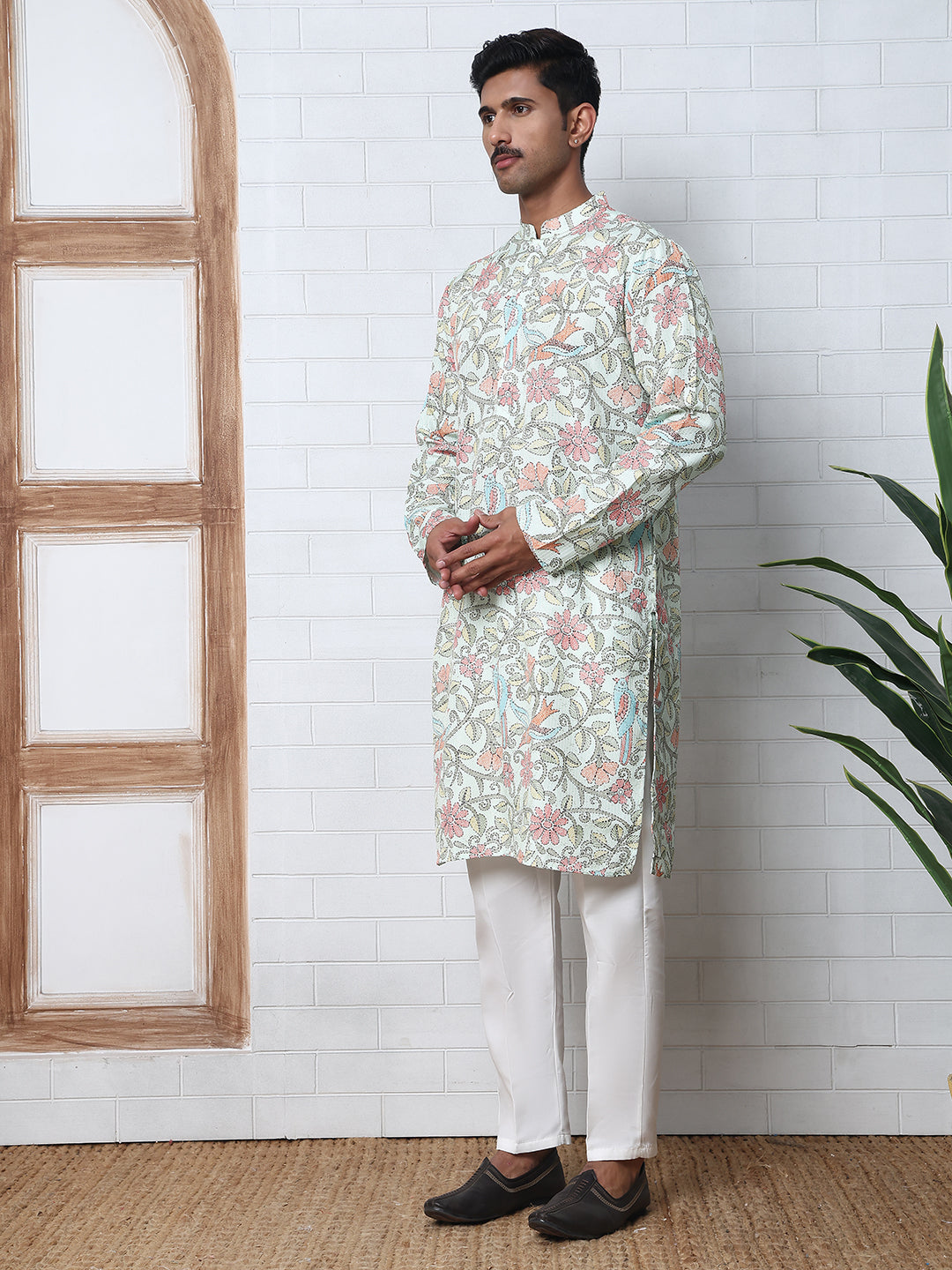 Floral Print Kurta Set with Thread Work Embroidery ( ANMKP W 284Pista )