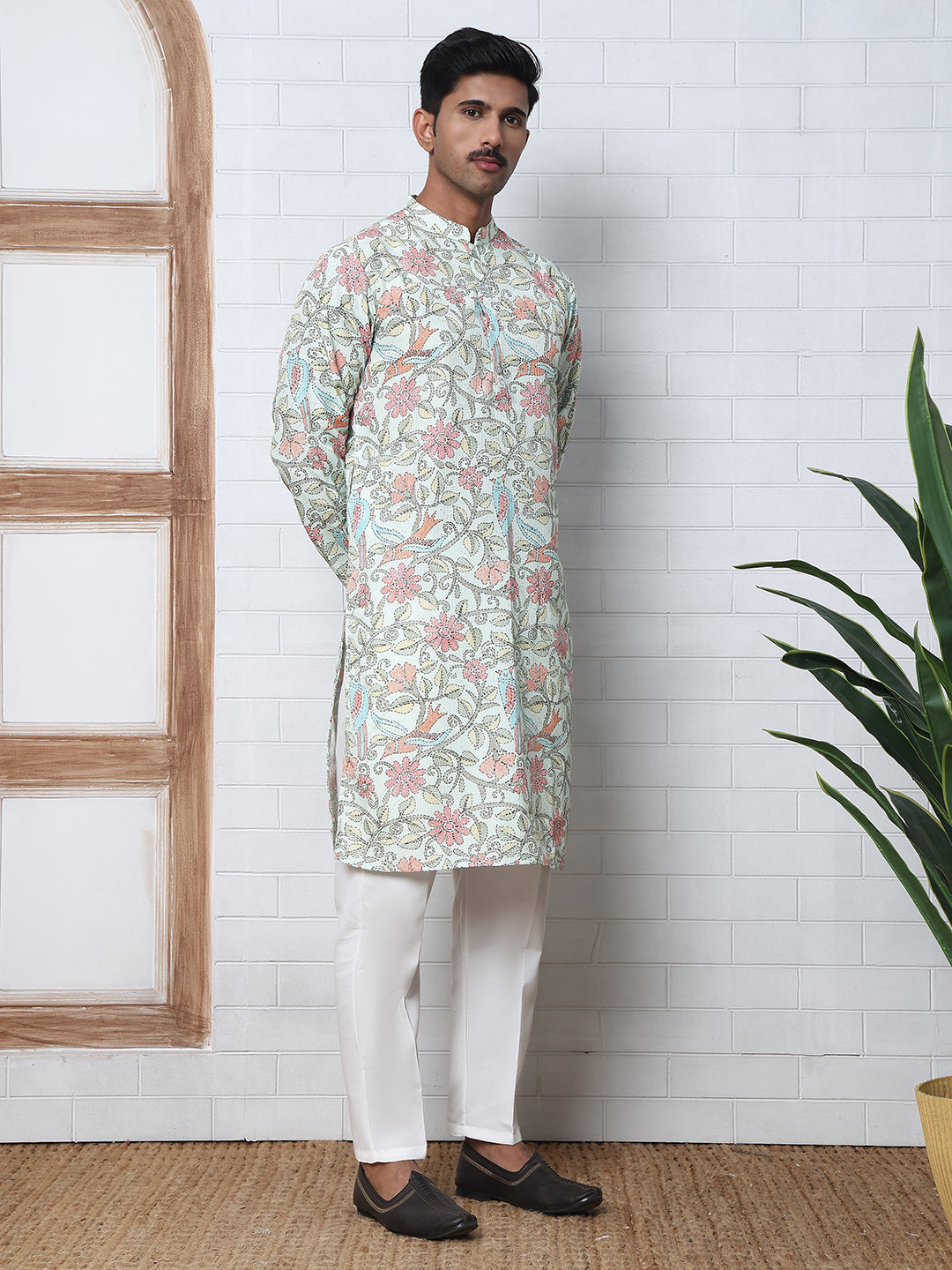 Floral Print Kurta Set with Thread Work Embroidery ( ANMKP W 284Pista )