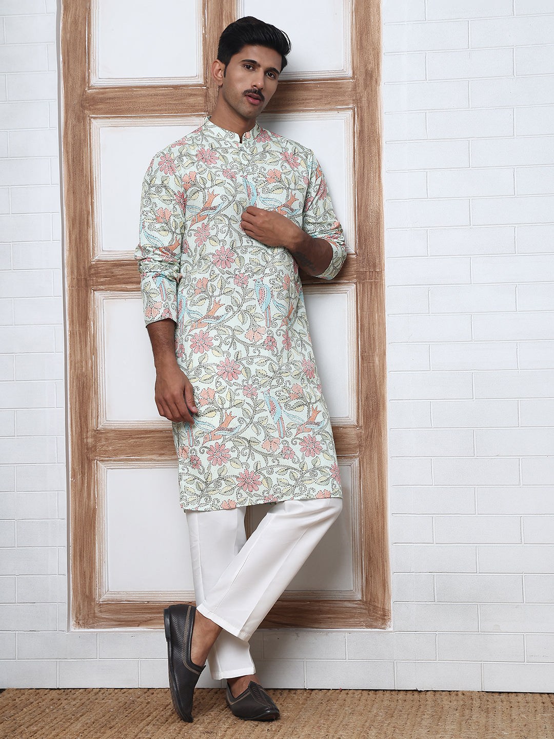 Floral Print Kurta Set with Thread Work Embroidery ( ANMKP W 284Pista )