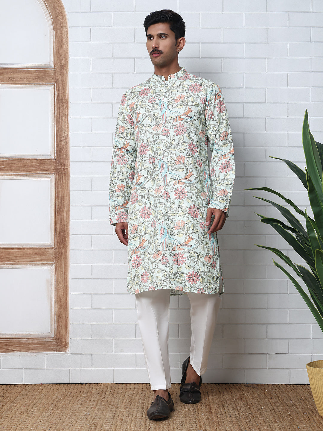 Floral Print Kurta Set with Thread Work Embroidery ( ANMKP W 284Pista )