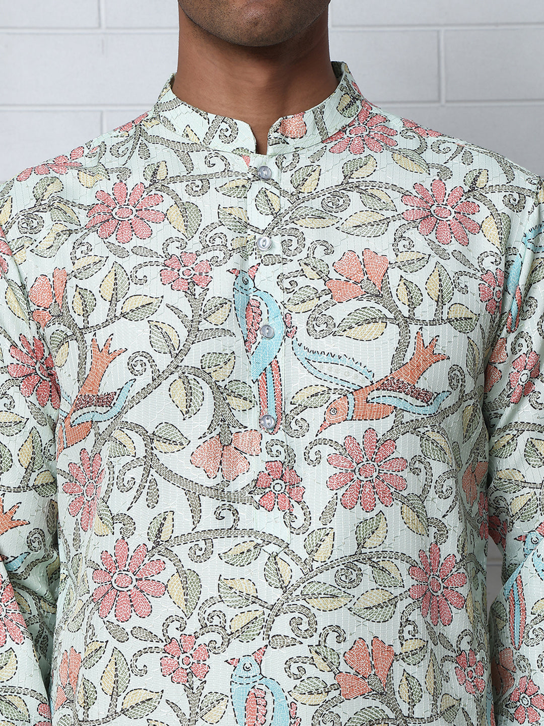 Floral Print Kurta Set with Thread Work Embroidery ( ANMKP W 284Pista )
