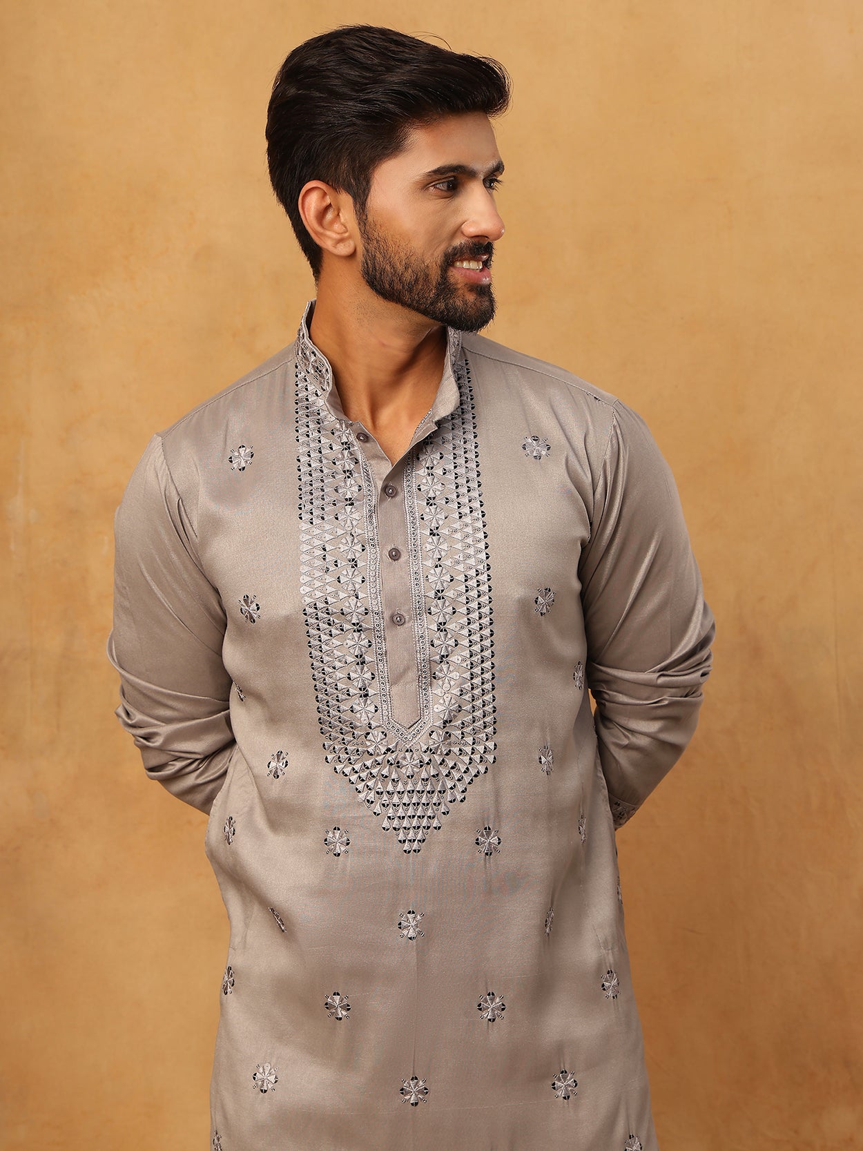 Men Silk Blend Festive Embroidered Kurta Set ( ANMKP W 286Grey )