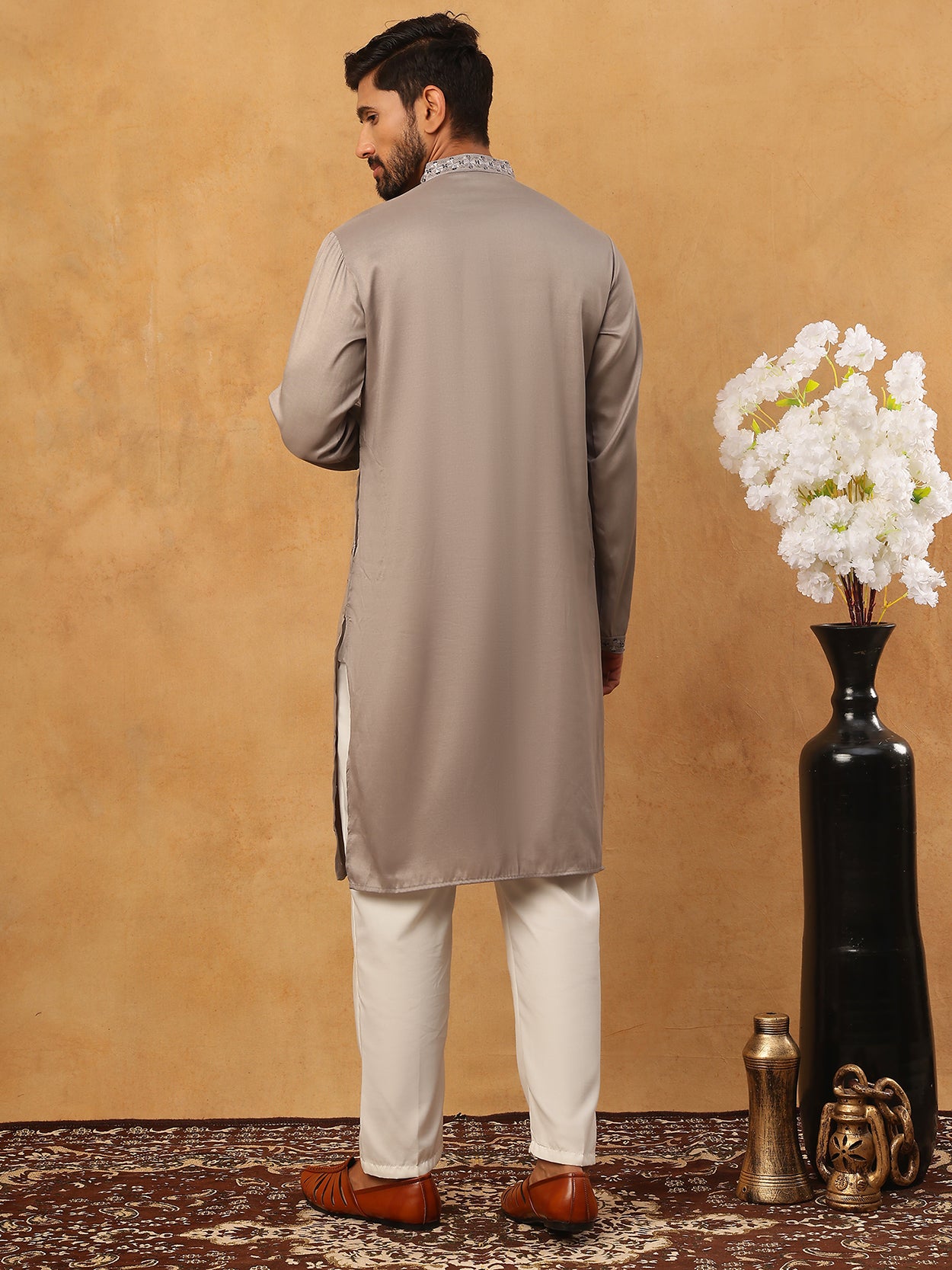 Men Silk Blend Festive Embroidered Kurta Set ( ANMKP W 286Grey )