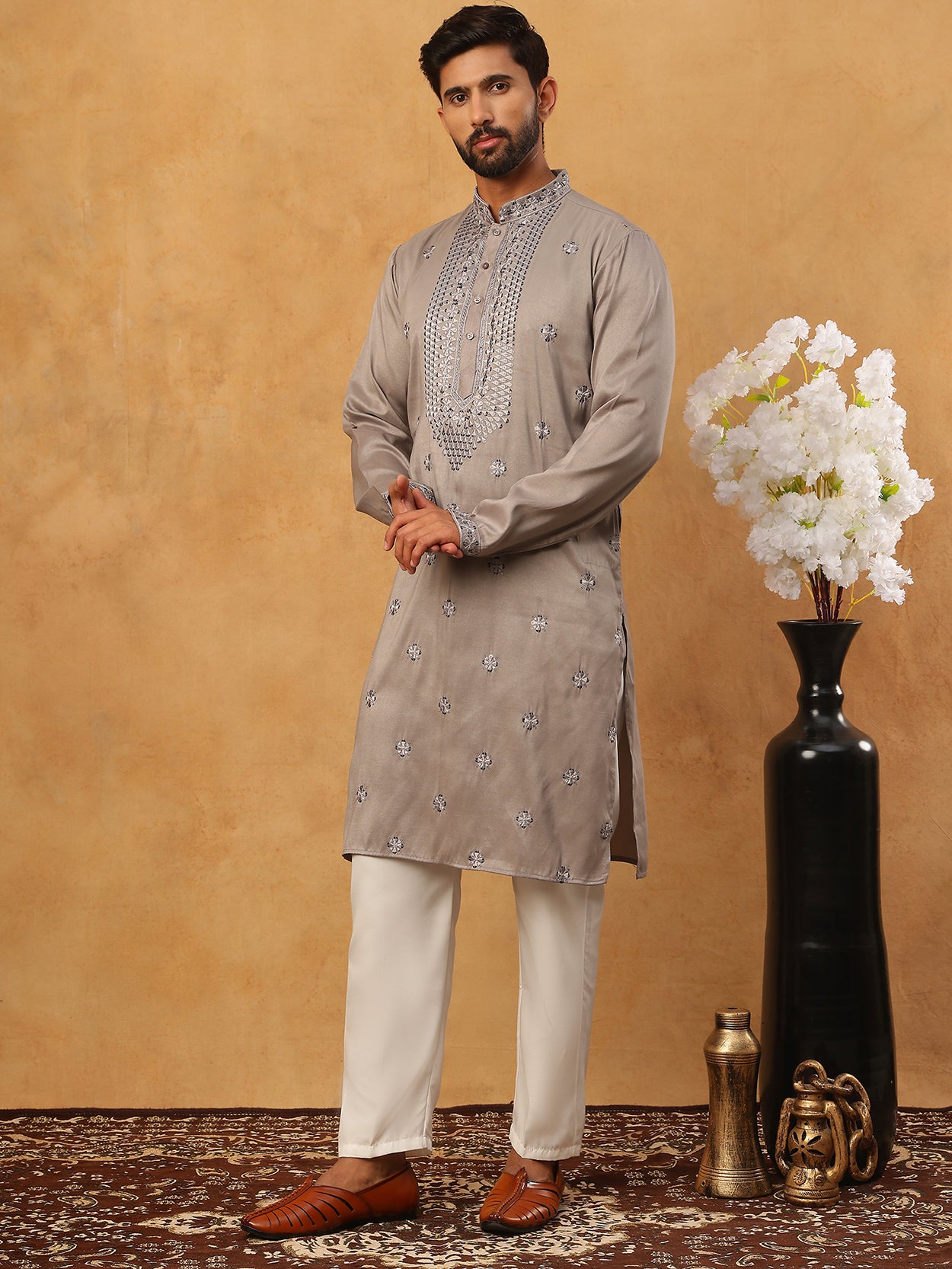 Men Silk Blend Festive Embroidered Kurta Set ( ANMKP W 286Grey )