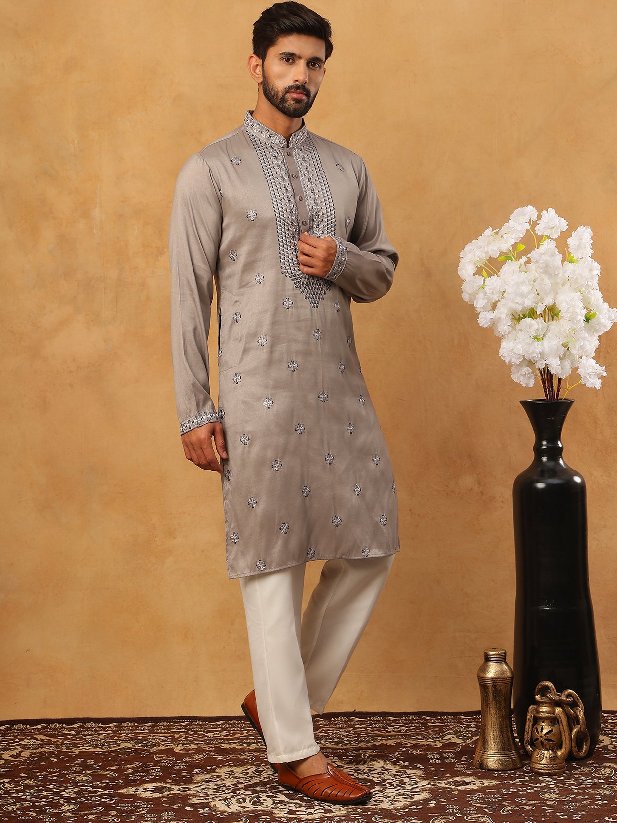 Men Silk Blend Festive Embroidered Kurta Set ( ANMKP W 286Grey )