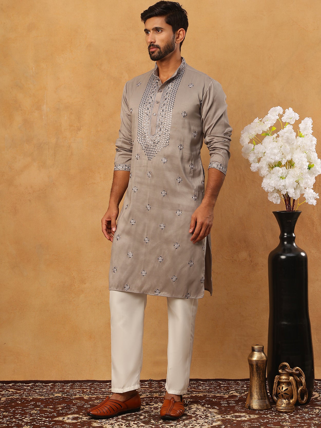Men Silk Blend Festive Embroidered Kurta Set ( ANMKP W 286Grey )