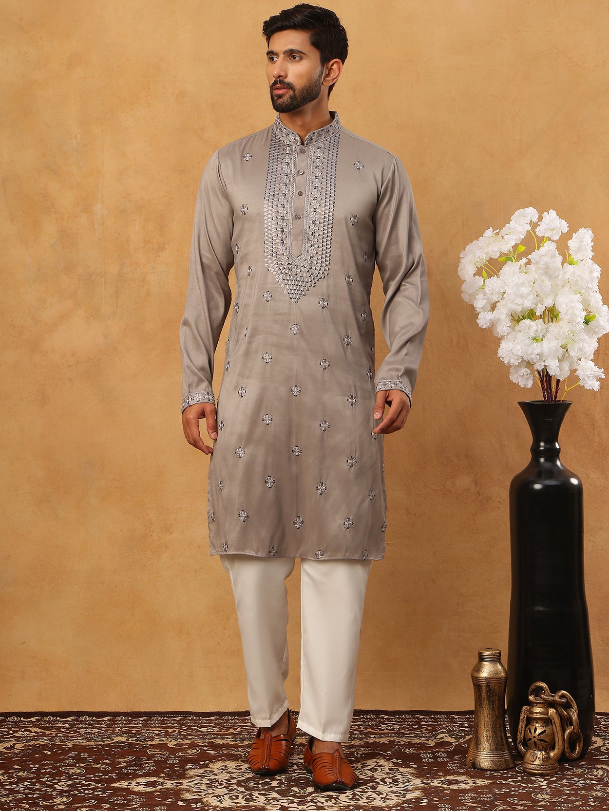 Men Silk Blend Festive Embroidered Kurta Set ( ANMKP W 286Grey )