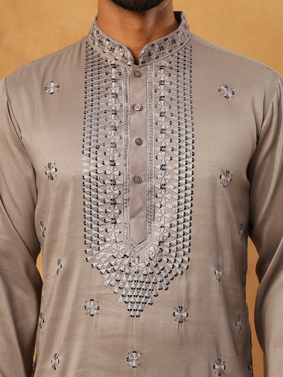 Men Silk Blend Festive Embroidered Kurta Set ( ANMKP W 286Grey )