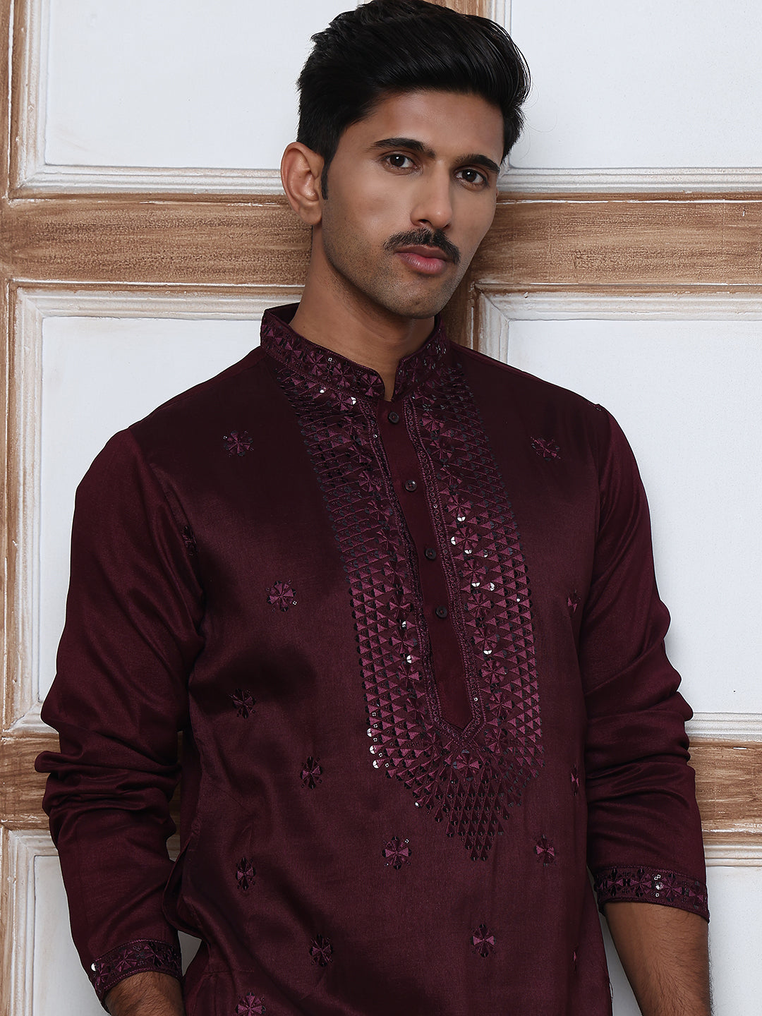 Men Silk Blend Festive Embroidered Kurta Set ( ANMKP W 286Maroon )