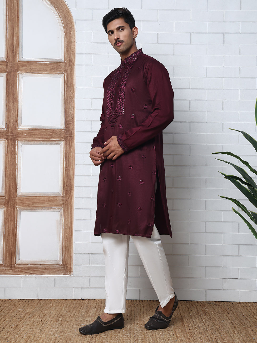 Men Silk Blend Festive Embroidered Kurta Set ( ANMKP W 286Maroon )