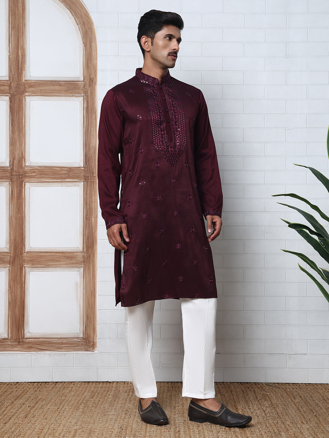 Men Silk Blend Festive Embroidered Kurta Set ( ANMKP W 286Maroon )