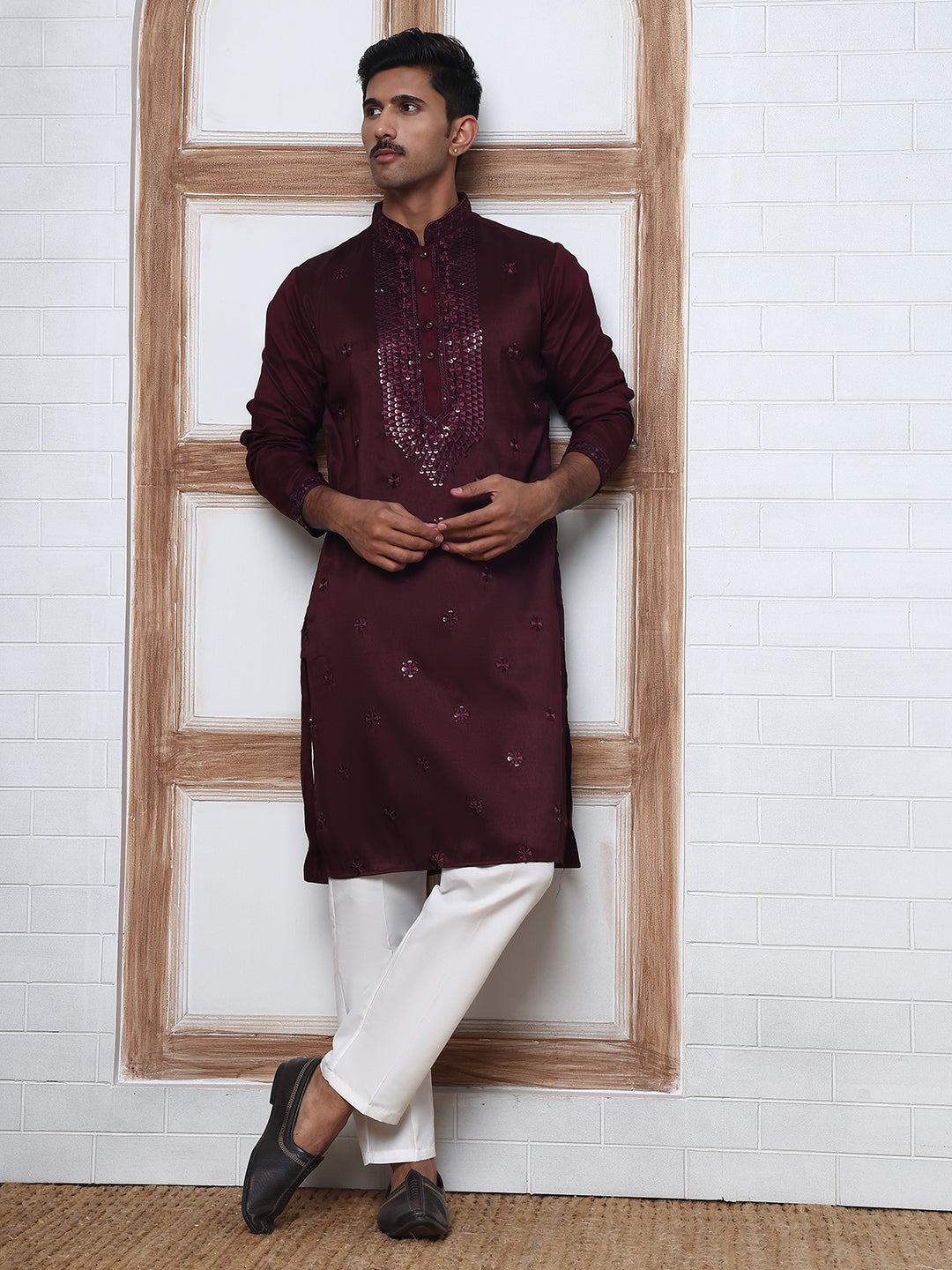 Men Silk Blend Festive Embroidered Kurta Set ( ANMKP W 286Maroon )