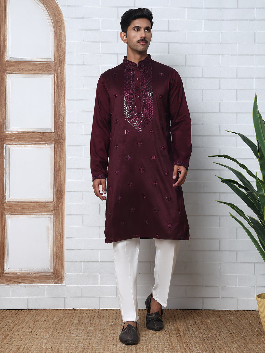Men Silk Blend Festive Embroidered Kurta Set ( ANMKP W 286Maroon )