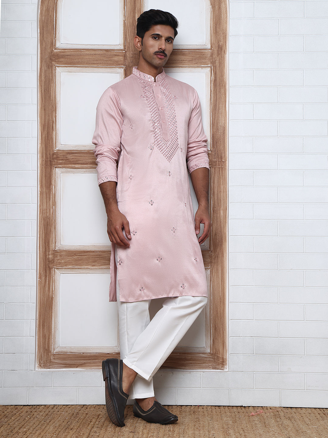 Men Silk Blend Festive Embroidered Kurta Set ( ANMKP W 286Peach )