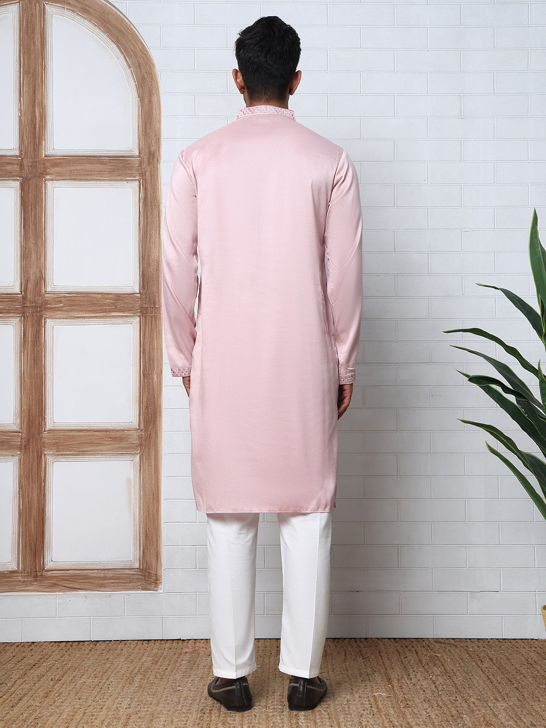 Men Silk Blend Festive Embroidered Kurta Set ( ANMKP W 286Peach )
