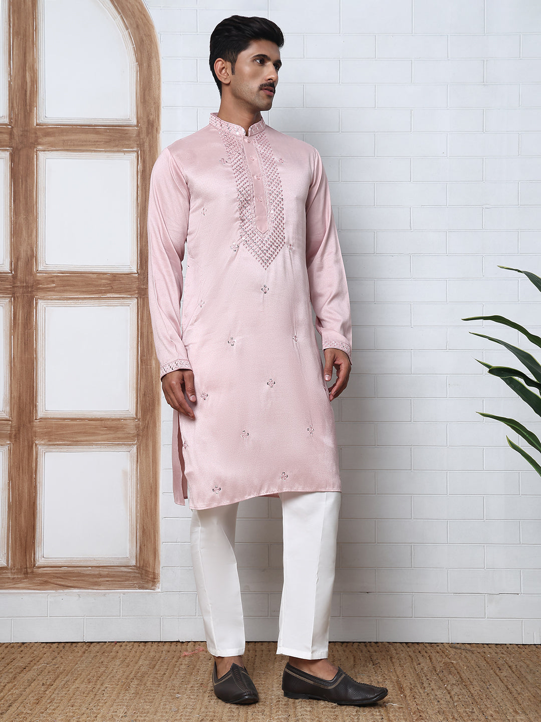 Men Silk Blend Festive Embroidered Kurta Set ( ANMKP W 286Peach )