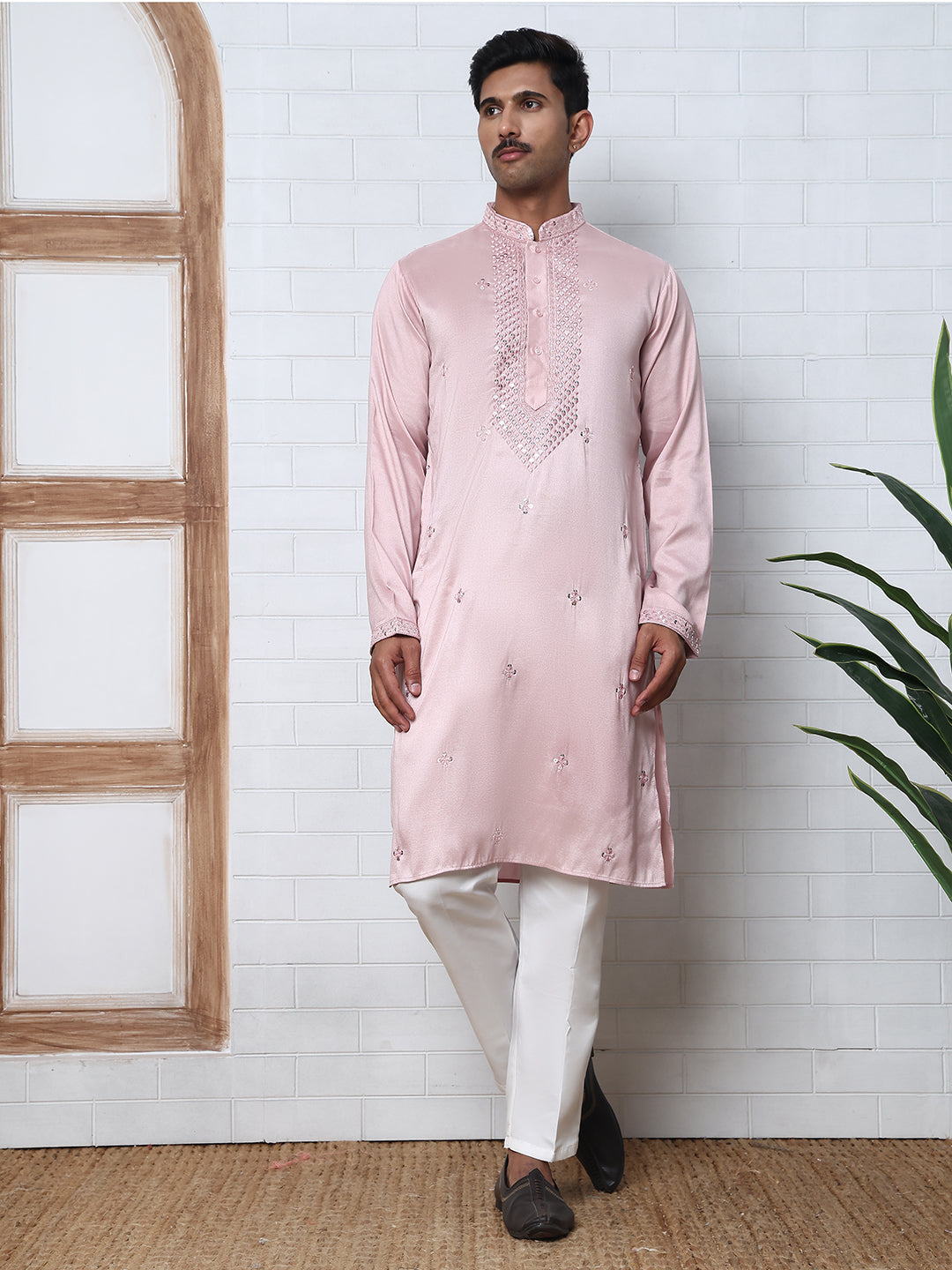Men Silk Blend Festive Embroidered Kurta Set ( ANMKP W 286Peach )
