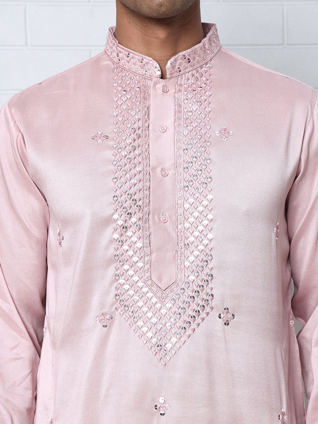 Men Silk Blend Festive Embroidered Kurta Set ( ANMKP W 286Peach )