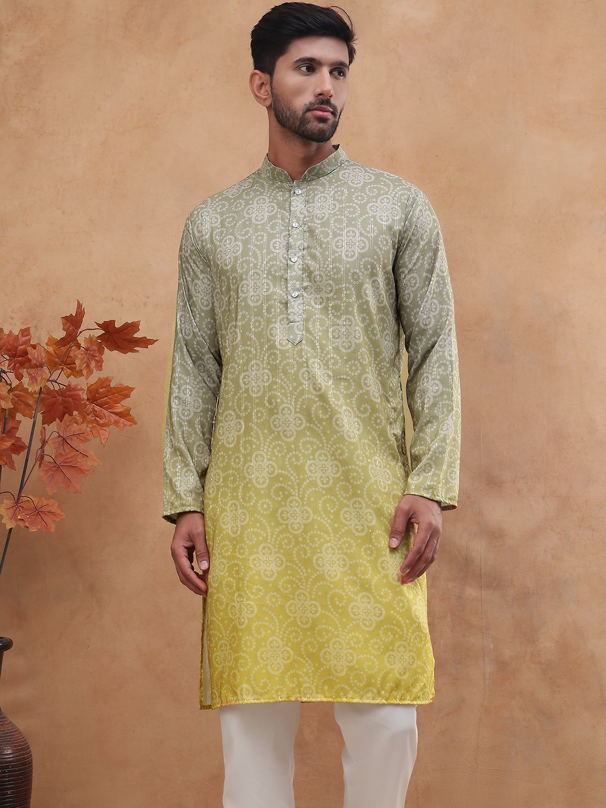 Bandhani Print Thread-Work Kurta Pyjama Set ( ANMKP W 291Pista )