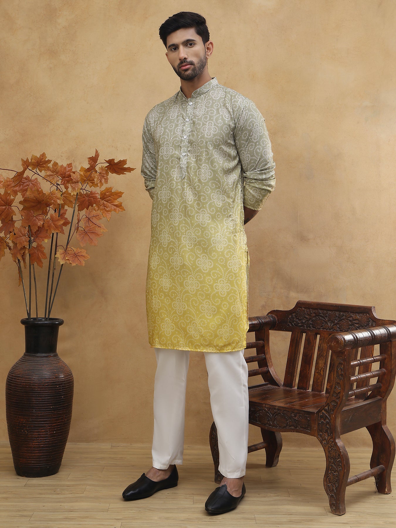 Bandhani Print Thread-Work Kurta Pyjama Set ( ANMKP W 291Pista )