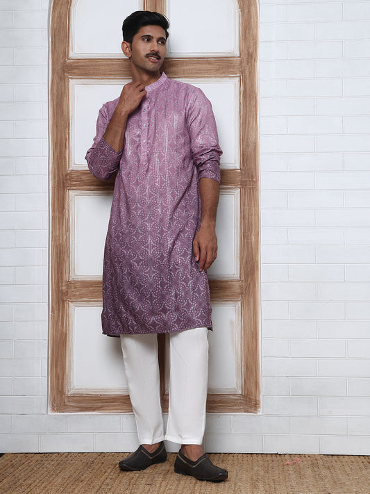 Bandhani Print Thread-Work Kurta Pyjama Set ( ANMKP W 291Purple )
