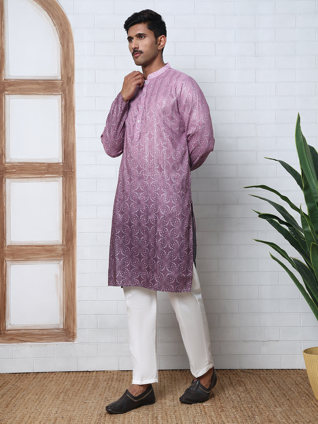 Bandhani Print Thread-Work Kurta Pyjama Set ( ANMKP W 291Purple )