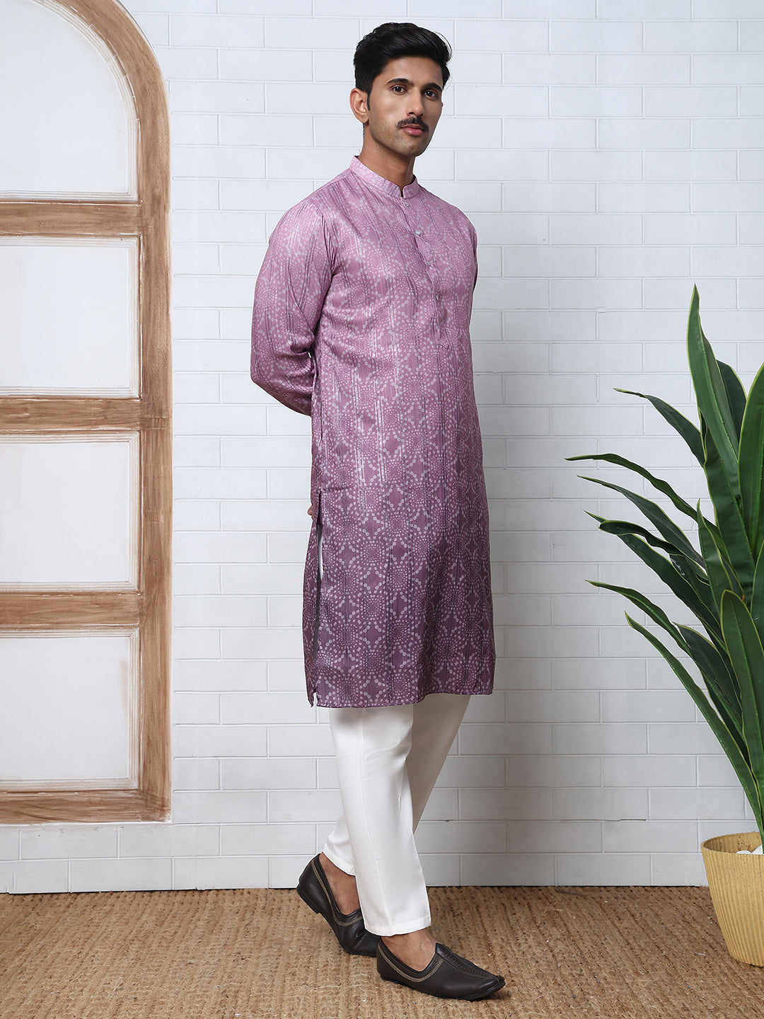 Bandhani Print Thread-Work Kurta Pyjama Set ( ANMKP W 291Purple )