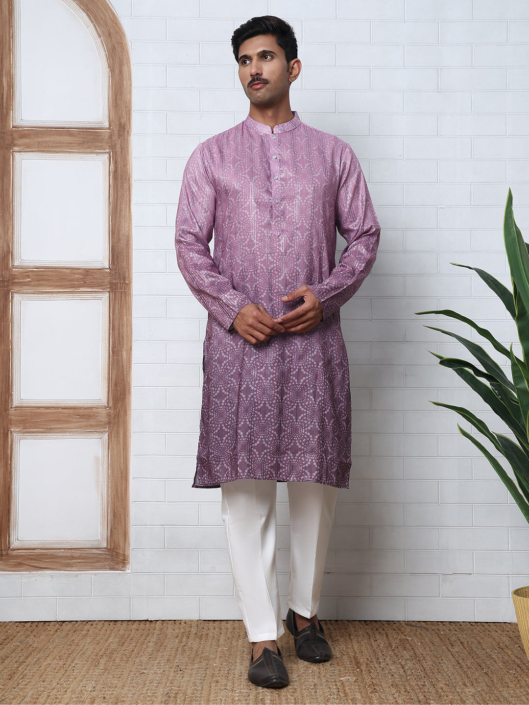 Bandhani Print Thread-Work Kurta Pyjama Set ( ANMKP W 291Purple )