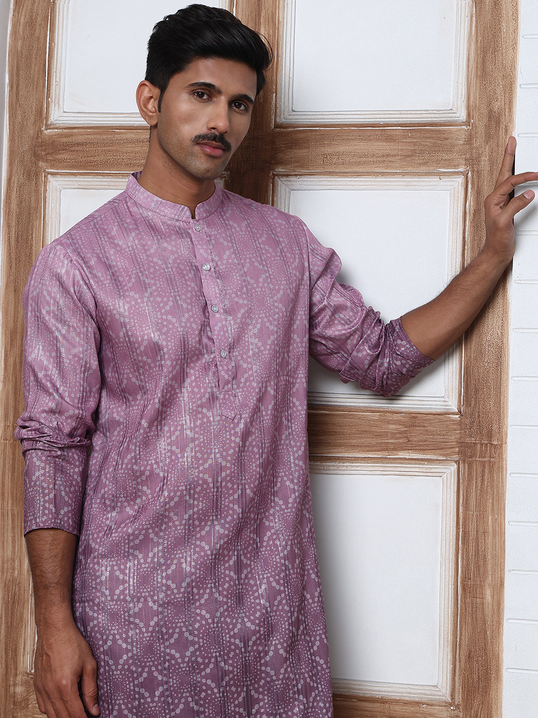 Bandhani Print Thread-Work Kurta Pyjama Set ( ANMKP W 291Purple )