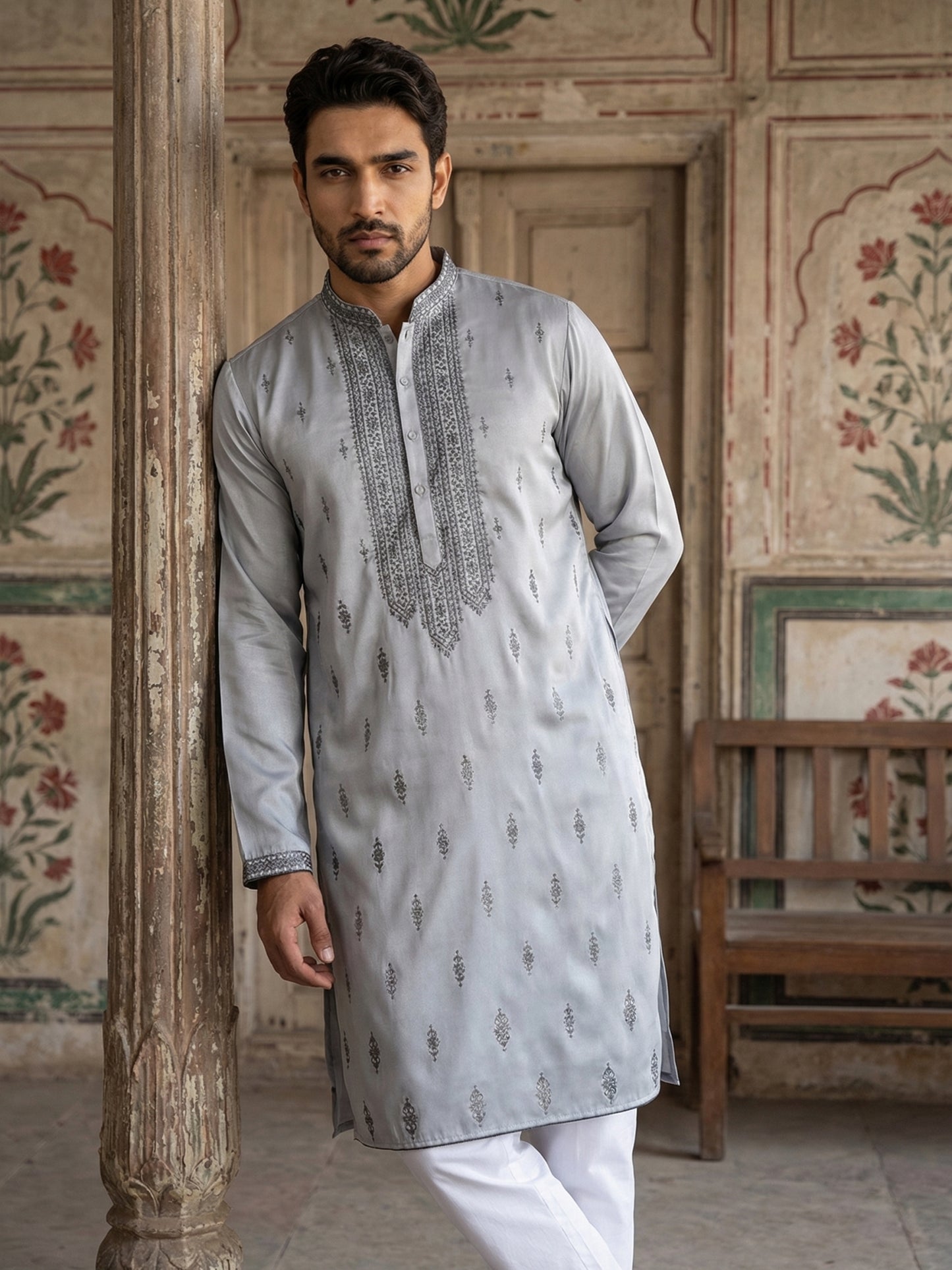 Silk Blend Ethnic Embroidered Kurta Pyjama Set ( ANMKP W 296Blue )