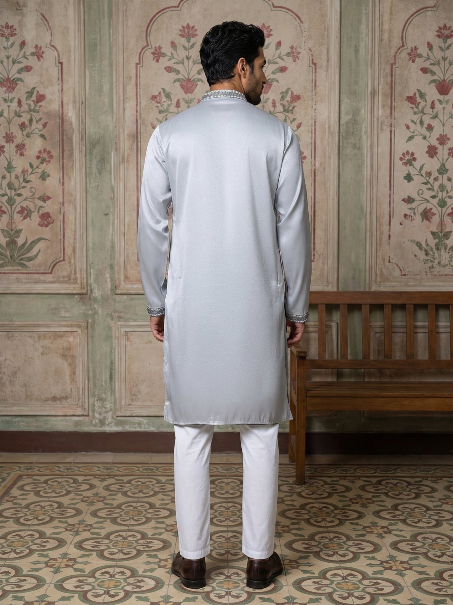 Silk Blend Ethnic Embroidered Kurta Pyjama Set ( ANMKP W 296Blue )