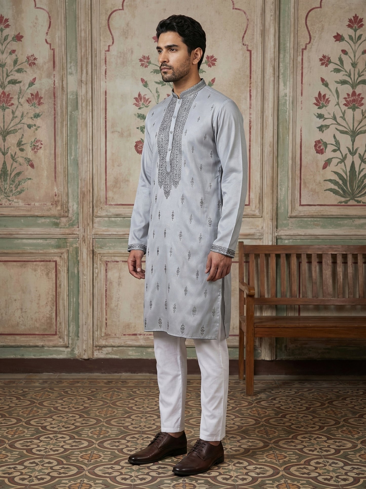 Silk Blend Ethnic Embroidered Kurta Pyjama Set ( ANMKP W 296Blue )