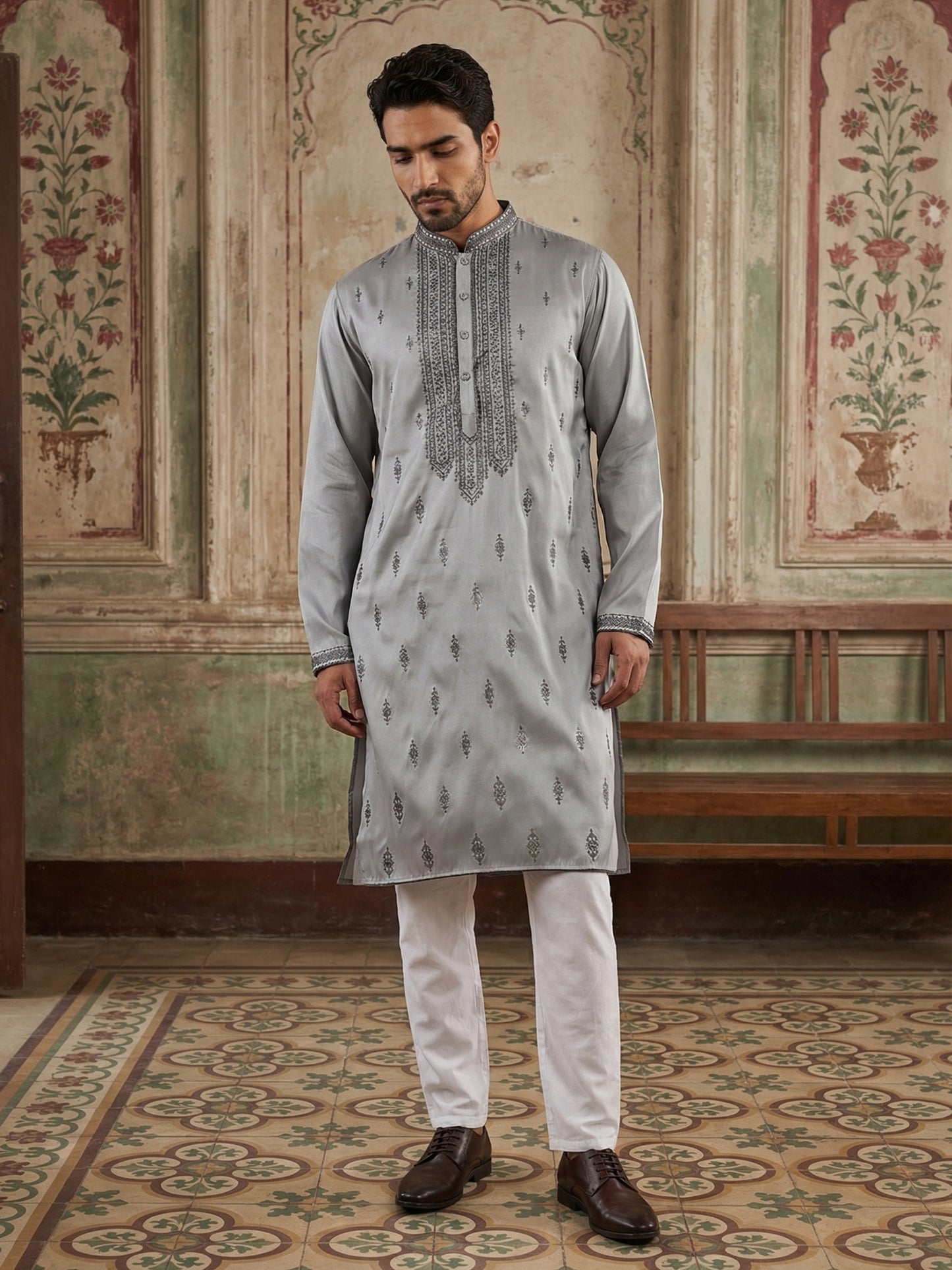 Silk Blend Ethnic Embroidered Kurta Pyjama Set ( ANMKP W 296Blue )