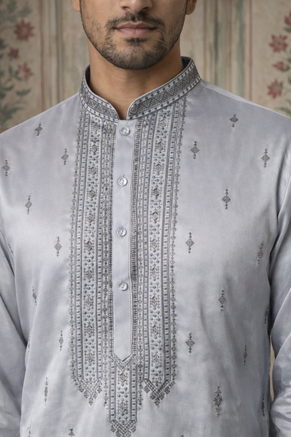 Silk Blend Ethnic Embroidered Kurta Pyjama Set ( ANMKP W 296Blue )